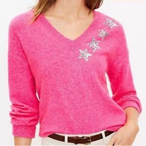 LOFT Wool Blend Hot Pink Shimmer Star V-Neck Sweater Size Small